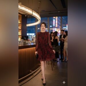 ❤️ Michael Michael Kors Red & Black Animal Print Chiffon Dress – Size S